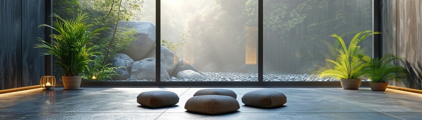 a room with a large glass window looking out onto a lush green landscape