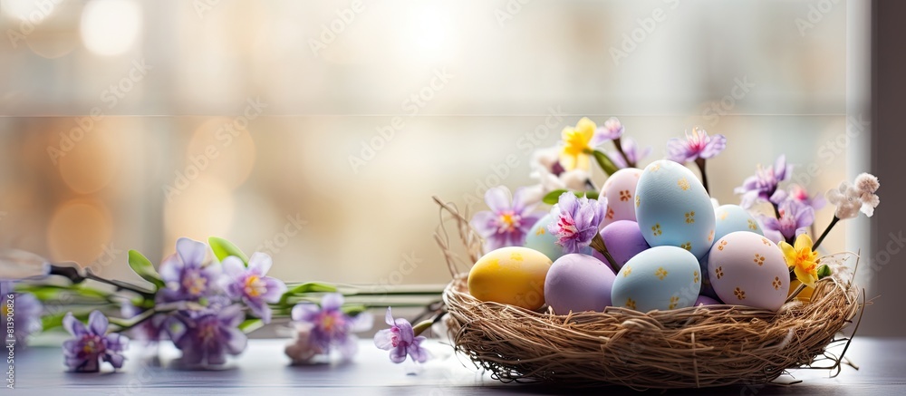 Poster copy space image of a beautiful spring themed arrangement featuring colorful easter eggs nestled in 
