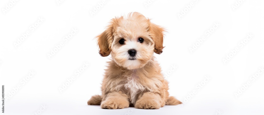Poster maltipoo puppy posing on a white background creating a cute copy space image