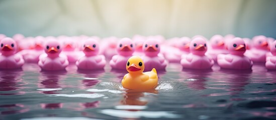 A group of toy ducks with one pink duck leading the way creating a copy space image emphasizing individuality and standing out from the rest - Powered by Adobe