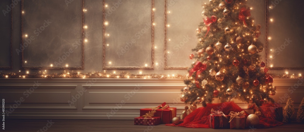Poster vintage style room with a blurred christmas tree adorned with red ribbons creating a charming copy s