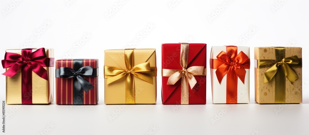 Poster christmas themed gift boxes with bows arranged neatly on a clean white background creating a copy sp