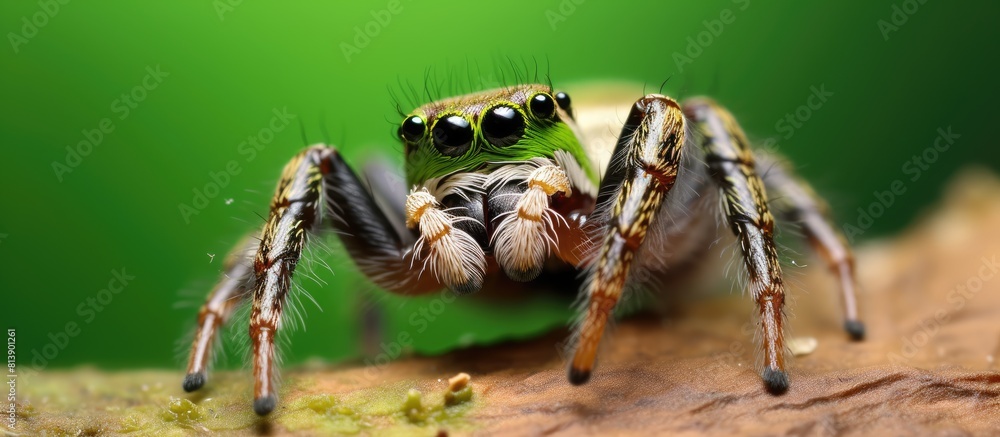 Poster jumping spider with green and white background in macro view ideal for copy space image