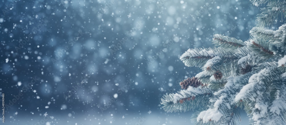 Poster snow falling gently on the branches of a pine tree creates a peaceful winter scene with plenty of em