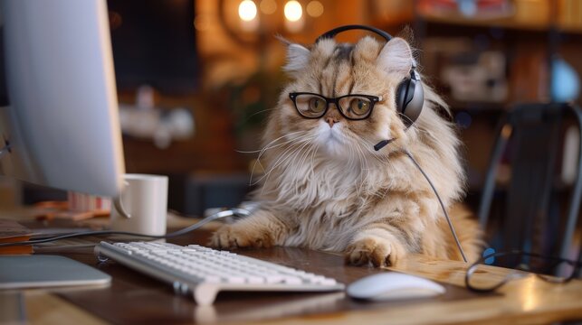 A fluffy Persian cat wearing a headset, multitasking as it answers calls and works on a computer at its desk.