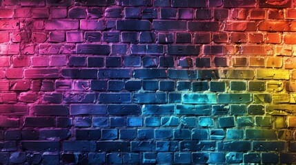 A colorful brick wall background with rainbow lighting in the style of various artists