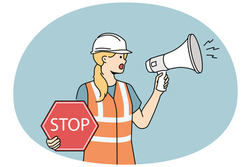 Female architect in helmet hold megaphone and stop sign regulate traffic on road. Woman builder screaming on construction site. Vector illustration.