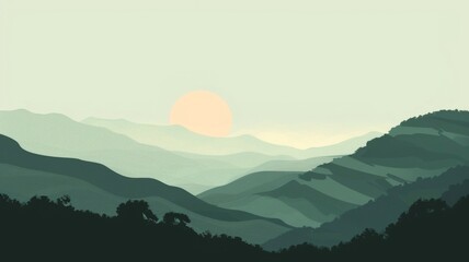 Minimalist landscape of serene Darjeeling tea estate hills with atmospheric sunset sky and tranquil forest