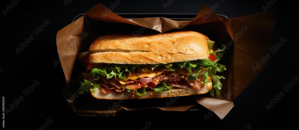 Poster top view of a sandwich in a paper box for take away food set against a black background with ample c