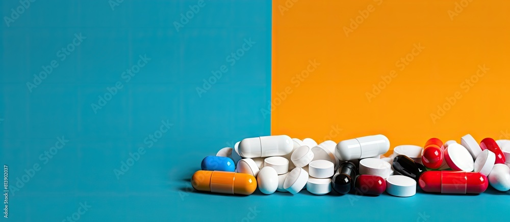 Poster various colorful pills and capsules used for treating hiv infection are scattered on a table creatin
