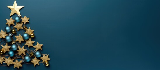 A top down flat lay captures a minimalist New Year concept with a creatively designed Christmas tree adorned with gold baubles and a star set against a blue background The image offers ample copy spa