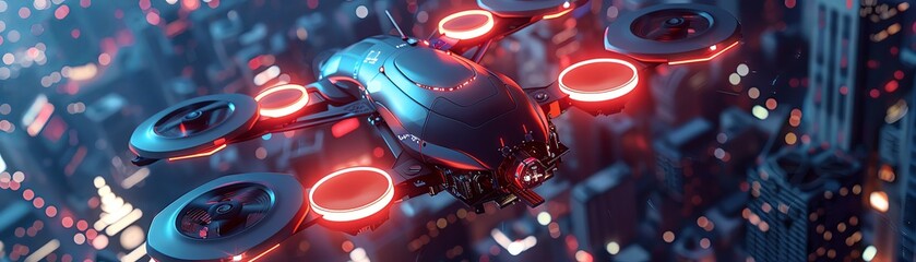 Capture a sleek, hovering drone with neon lights in a CG 3D illustration, seen from a dramatic top-down angle Show intricate circuitry details with metallic reflections and a cityscape below