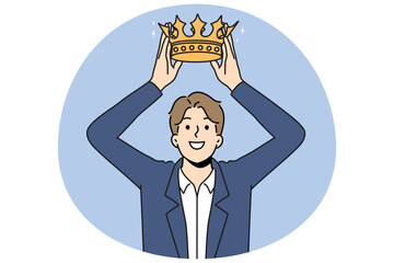 Smiling businesswoman put golden crown on head. Happy male employee coronated. Royalty and leadership. Vector illustration.