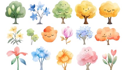 Fototapeta premium Colorful Watercolor of Playful Stylized Trees and Flowers