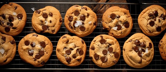 Crunchy double chocolate chip cookies are shown from an overhead perspective on a cooling rack creating a copy space image