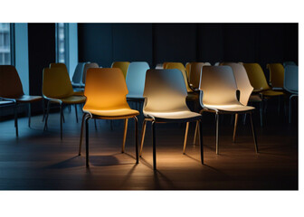 In the center of a row of chairs in various colors, one is spotlighted, symbolizing leadership in business. Surrounding chairs represent teamwork and HR management.