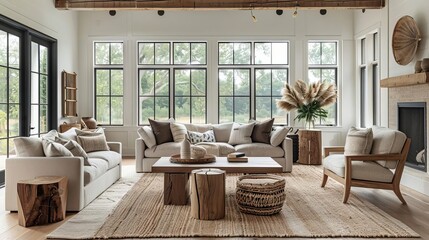 Design a warm and inviting living room space that incorporates natural elements such as wood and stone