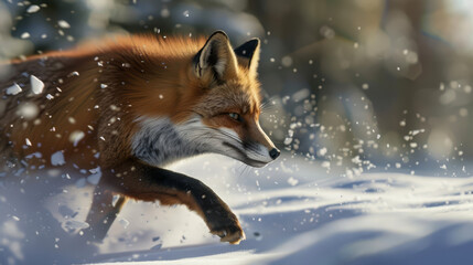 Obraz premium A photorealistic image of a red fox hunting for prey in the snow, its breath visible in the cold air.