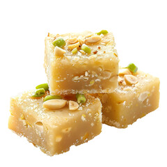 Milk powder barfi also known as Mava burfi toped with nuts, isolated on white background.