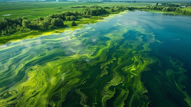a top view of a river with green algae. The river is wide and the algae are bright green.