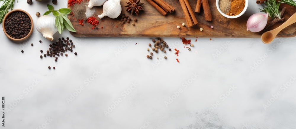 Poster a flat lay composition with a wooden cutting board assorted spices and a white marble table ample sp