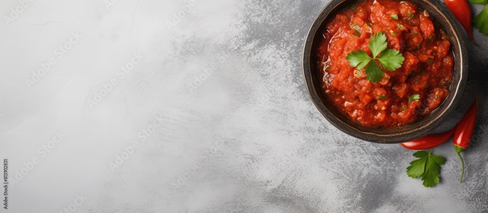 Poster the top view of a bowl containing tomato salsa is displayed on a white stone background providing am