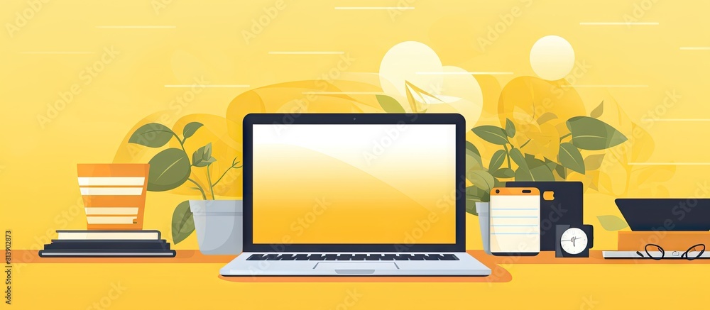 Poster top view of a modern workspace on a yellow background with a smartphone paper notebook tablet and la