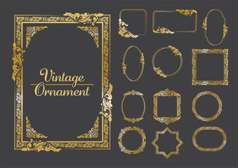 Set Of Golden Vintage ornament with border, frame, crown, ornate,  mandala and luxury elements, suitable for vintage design or wedding invitation card, banner and label
