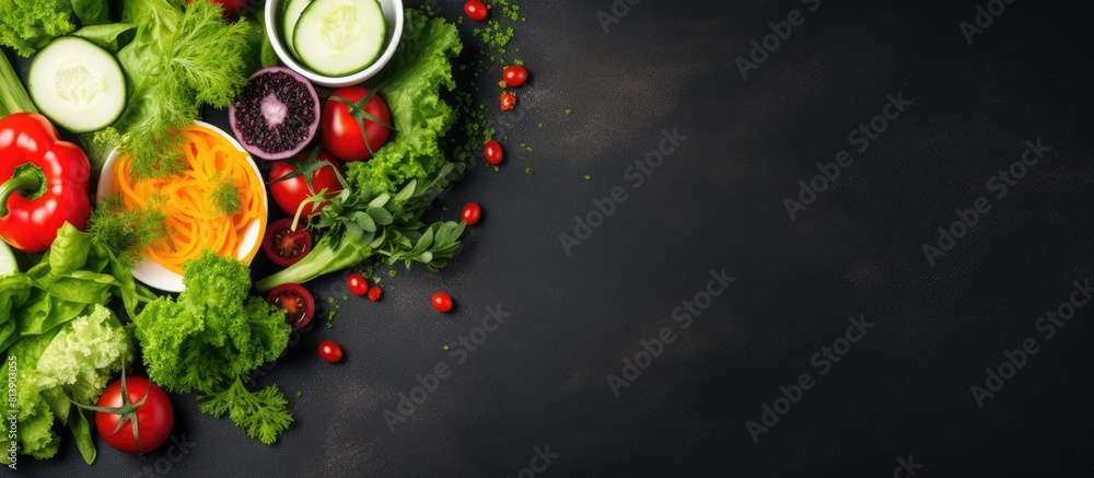 Poster a top view image of a healthy salad with lettuce leaves and various vegetables the image provides a 