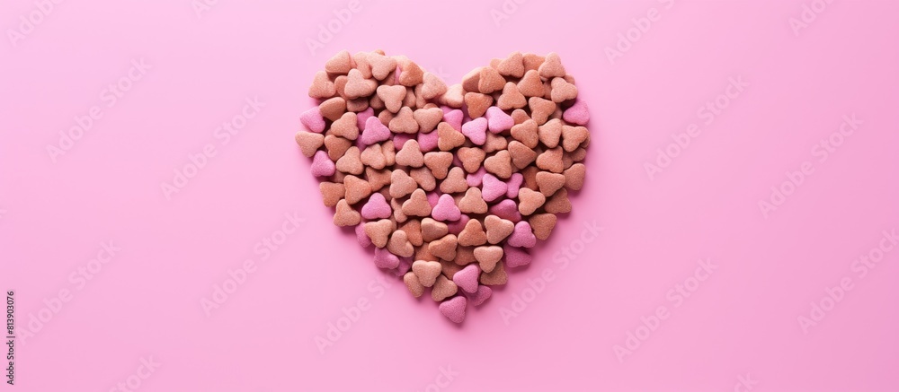 Poster heart shaped dried dog food arranged in a flat lay composition captured from a top down perspective 