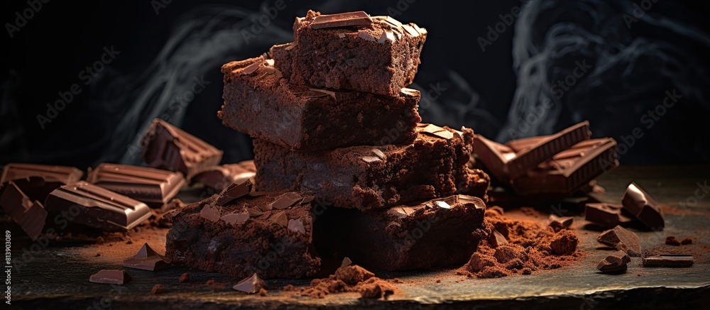 Poster close up of homemade brownies displayed on a dark moody background with a chocolate cake in the fore