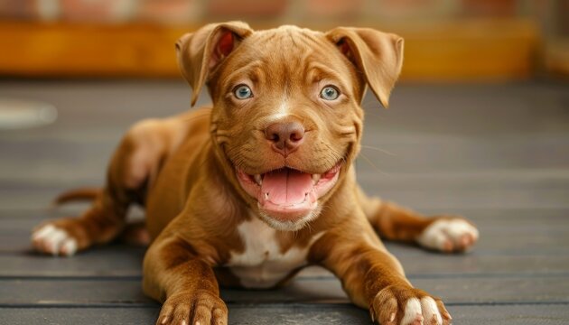 A brown dog with a pink tongue is smiling by AI generated image