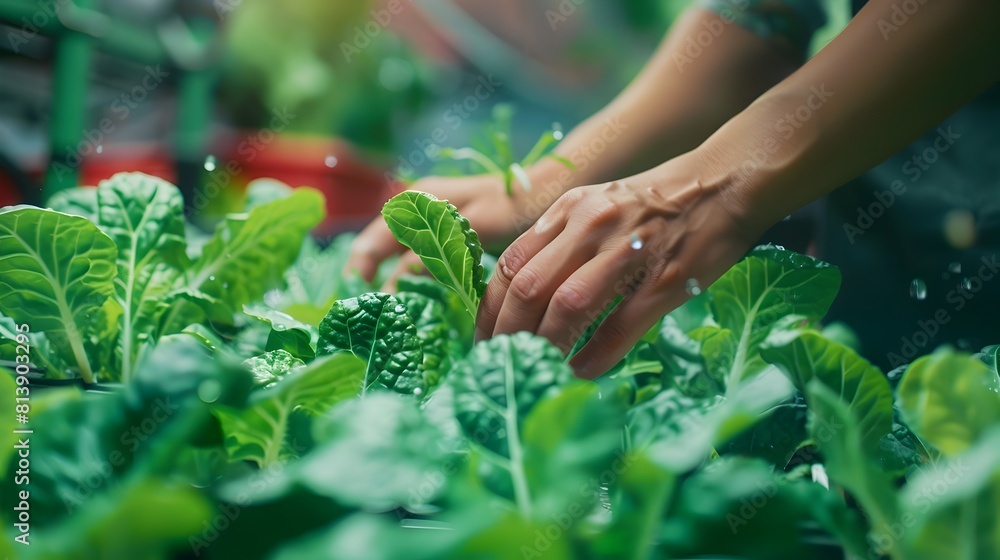 Poster hands tending to hydroponically grown vegetables with precision and modern farming methods