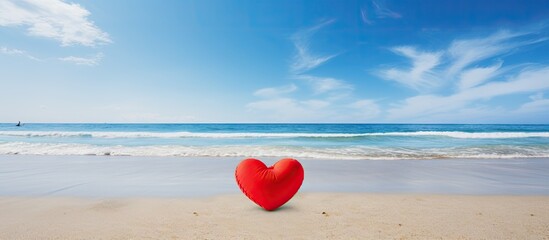 Fototapeta premium Beach backdrop with a vibrant red heart in the center providing ample copy space for text or images