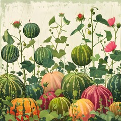 Colorful Melons and Gourds in Various Stages of Growth - Vibrant Rendering of Lush Botanical
