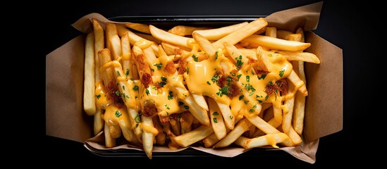 A top down view of cheesy French fries and onion served in a paper box on a black surface Ample space available for text in the image