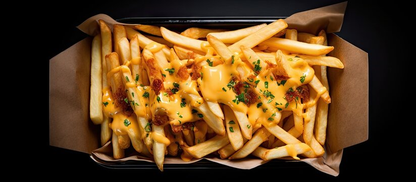A top down view of cheesy French fries and onion served in a paper box on a black surface Ample space available for text in the image