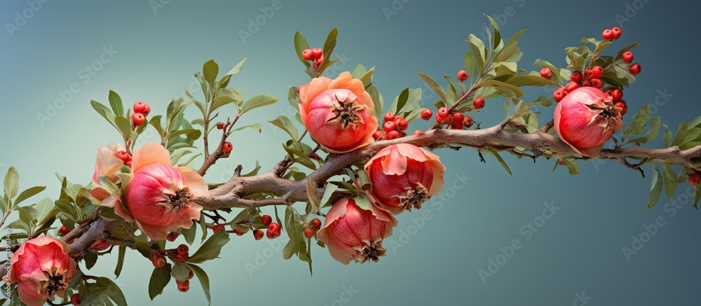 Poster close up of a blooming pomegranate tree branch with copy space image