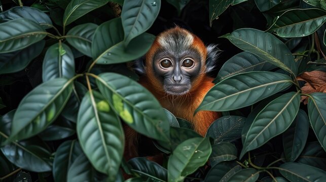 A langur peeking out from amidst the dense foliage in a beautifully captured portrait