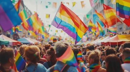 Rainbow flags at a pride parade, joyous LGBTQ+ families celebrating, urban setting