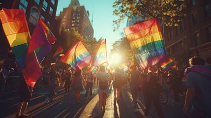 Rainbow flags at a pride parade, joyous LGBTQ+ families celebrating, urban setting