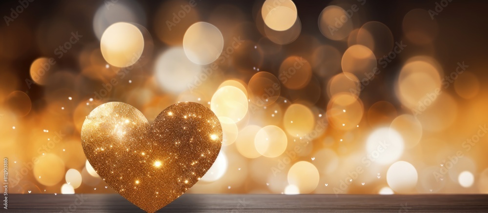 Poster an abstract background with a heart shaped bokeh design sparkling in golden glitter providing ample 