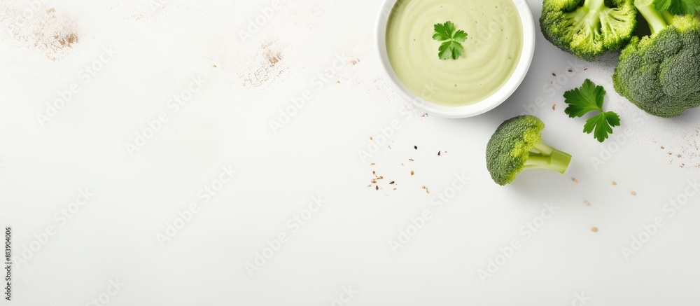 Poster green cream soup with vegetables including broccoli combined with creamy texture aromatic spices and