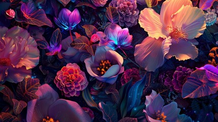 Neon-infused flora blooms in digital hues background