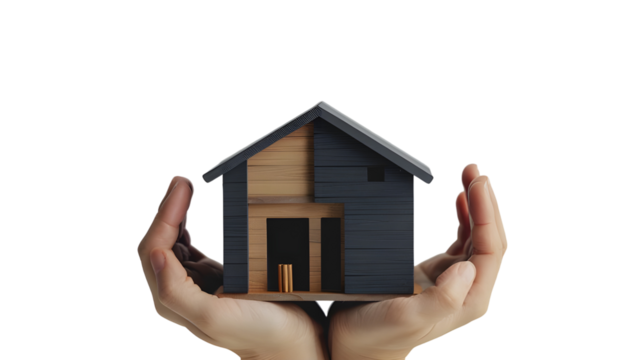 wooden home model in hands Isolated on transparent background