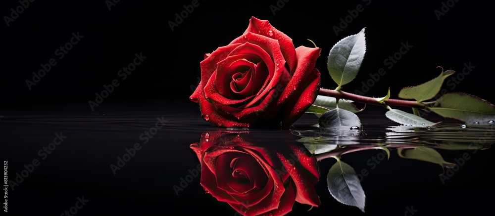 Poster an exquisite red rose stands out on a striking black backdrop with a captivating reflection adding d