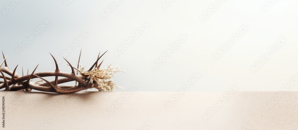 Poster The Good Friday concept is depicted through a copy space image featuring a wooden cross a crown of thorns and sand on a light background ideal for adding text