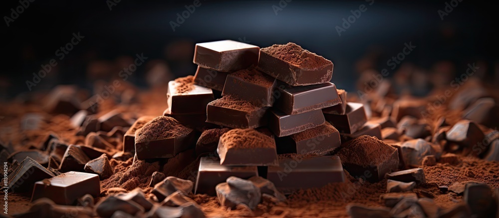 Poster Close up view of chopped dark chocolate cubes and cocoa powder with copy space image