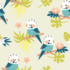 Budgie and tropical leaves. Summer seamless pattern.