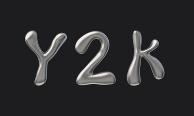 Liquid font with chrome surface y2k on isolated black background.